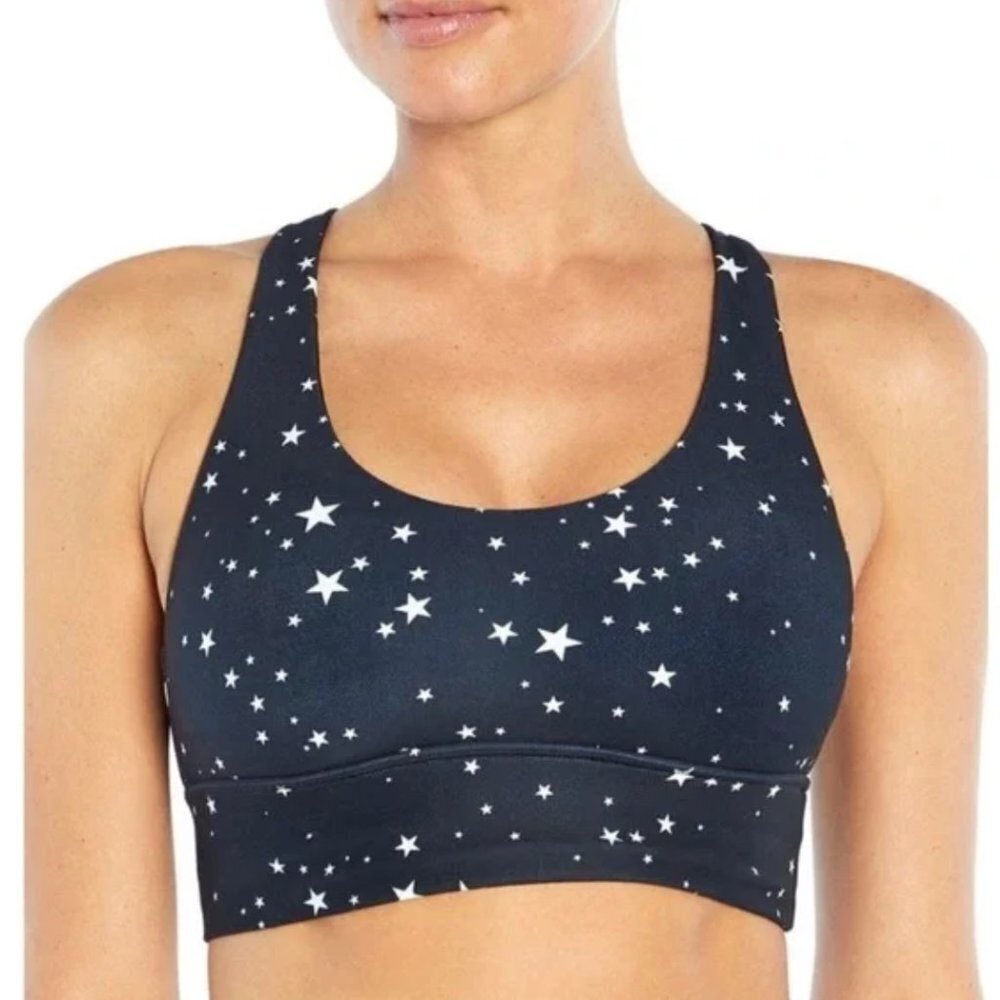 Wildfox Sports Bra Women's Size L Black White Scattered Star Strappy Yoga NWT